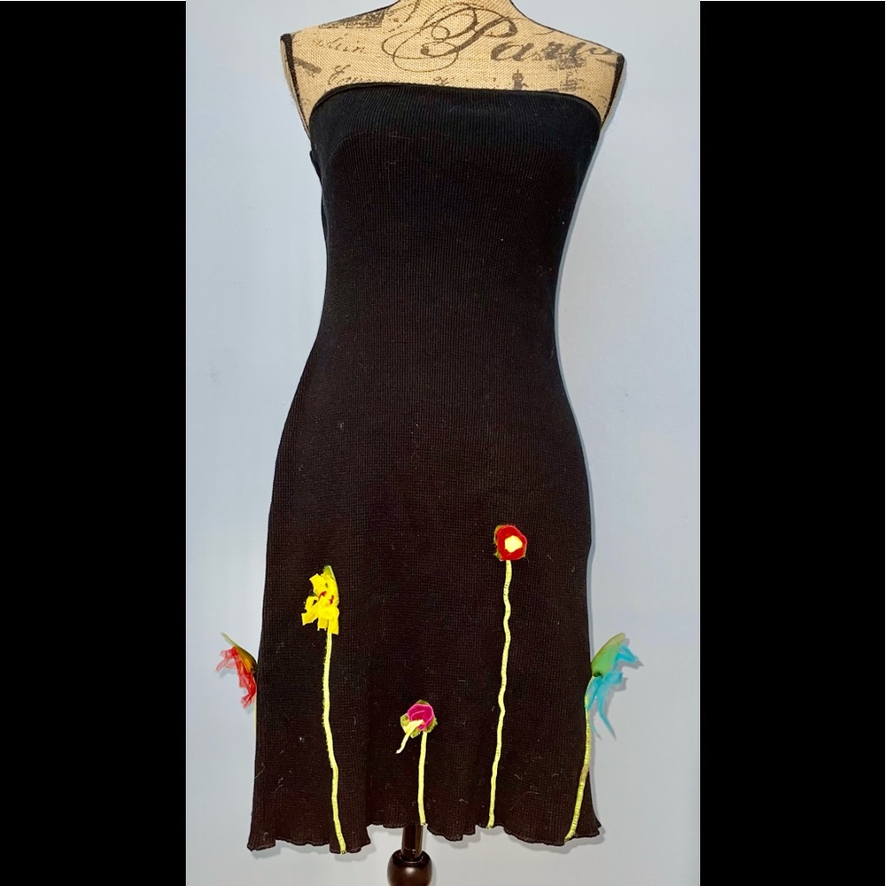 2 pieces tight fitting Strapless dress black &  jacket floral beautiful vintage